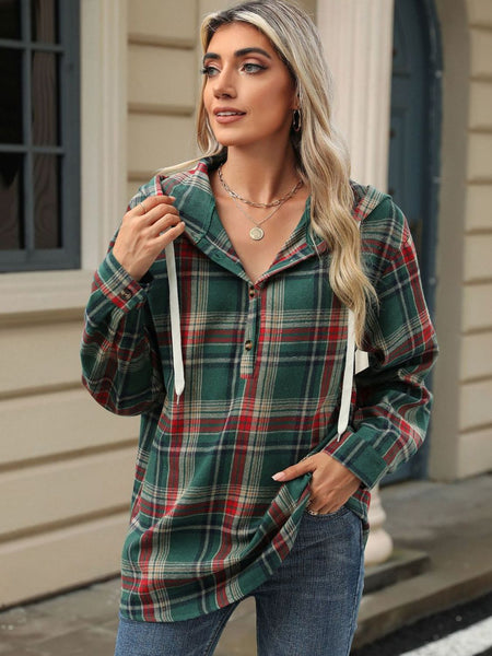 Drawstring Plaid Hooded Long Sleeve Top