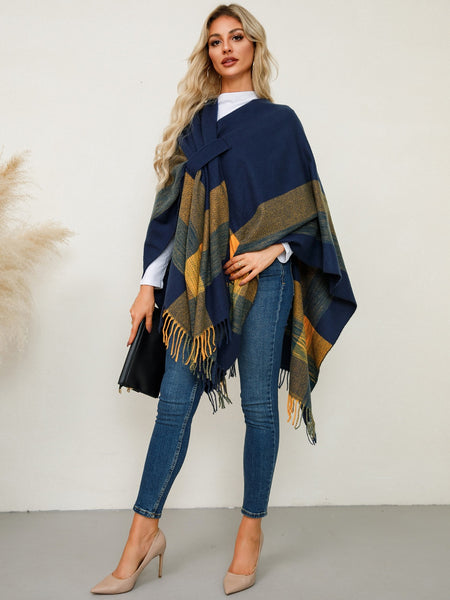 Fringe Contrast Plaid Poncho