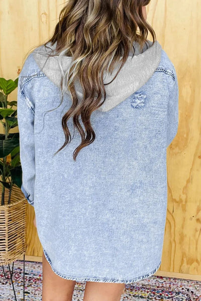 Distressed Button Up Long Sleeve Denim Jacket