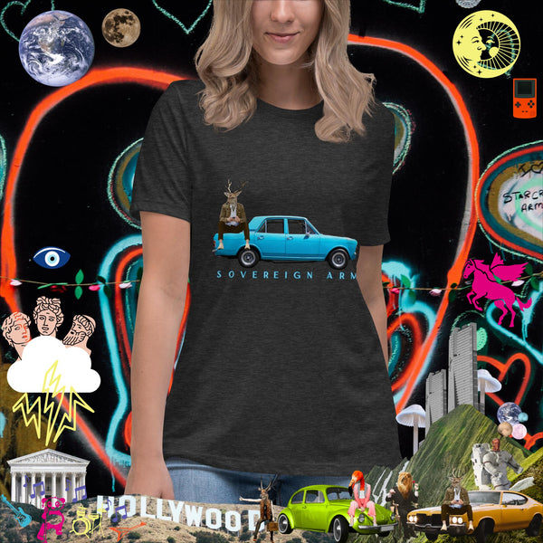 sovereignarm.com Dark Grey Heather / S Pop Art Blue Car Women's Relaxed T-Shirt