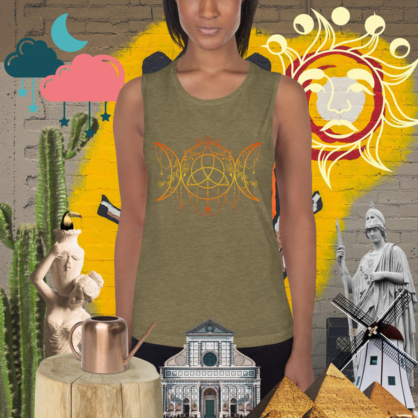 sovereignarm.com Heather Olive / S Triple Moon Goddess, Ladies’ Muscle Tank