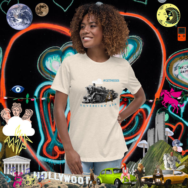 sovereignarm.com Heather Prism Natural / S Pop Art #Get in Loser Train Women's Relaxed T-Shirt