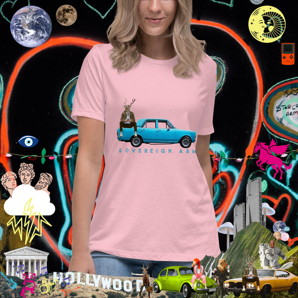 sovereignarm.com Pink / S Pop Art Blue Car Women's Relaxed T-Shirt