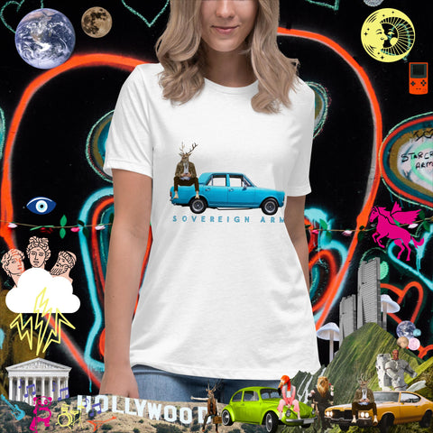 sovereignarm.com White / S Pop Art Blue Car Women's Relaxed T-Shirt