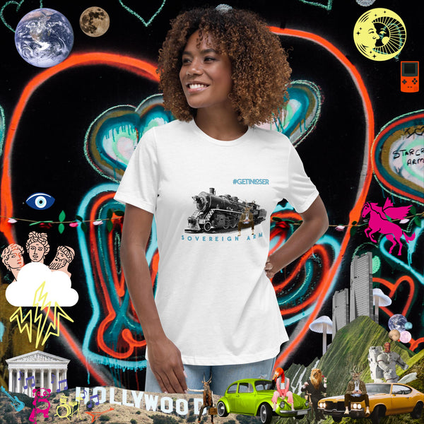 sovereignarm.com White / S Pop Art #Get in Loser Train Women's Relaxed T-Shirt