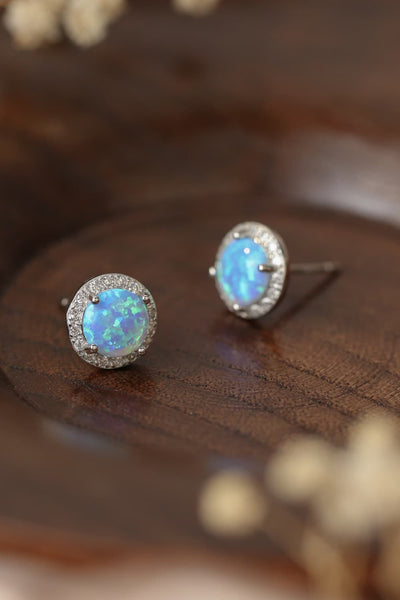 Trendsi 925 Sterling Silver Platinum-Plated Opal Round Stud Earrings