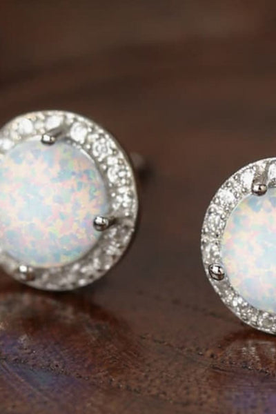 Trendsi 925 Sterling Silver Platinum-Plated Opal Round Stud Earrings