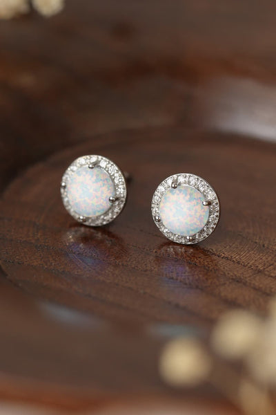 Trendsi White / One Size 925 Sterling Silver Platinum-Plated Opal Round Stud Earrings