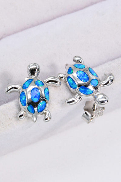 Trendsi Blue / One Size Opal Turtle Platinum-Plated Stud Earrings