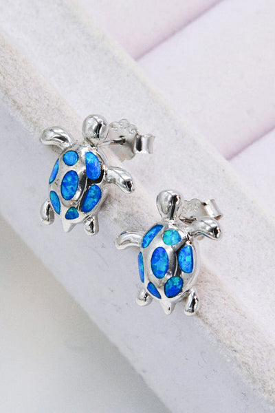 Trendsi Blue / One Size Opal Turtle Platinum-Plated Stud Earrings