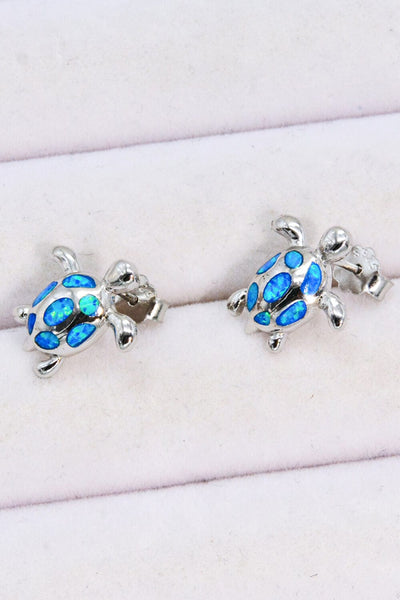 Trendsi Blue / One Size Opal Turtle Platinum-Plated Stud Earrings