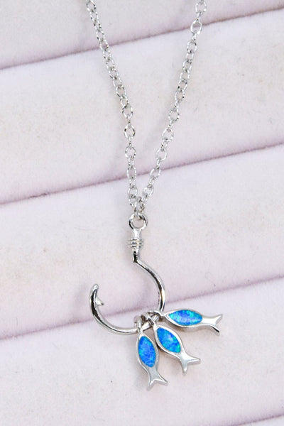 Trendsi Cobalt Blue / One Size Opal Fish 925 Sterling Silver Necklace