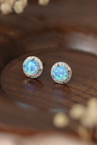 Trendsi Sky Blue / One Size 925 Sterling Silver Platinum-Plated Opal Round Stud Earrings