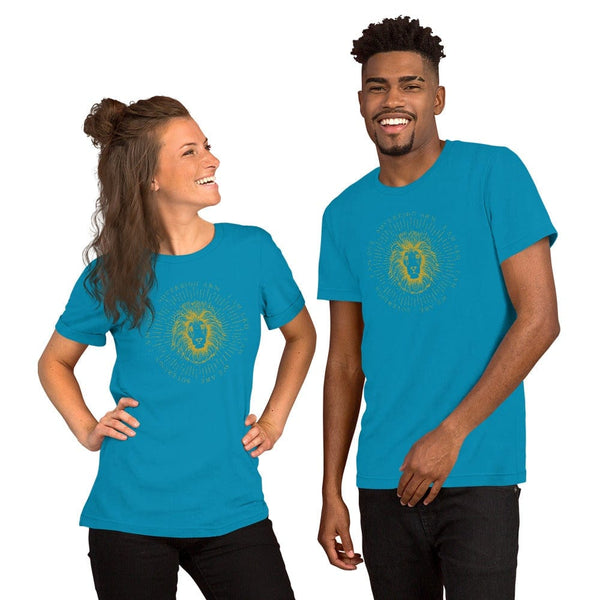 sovereignarm.com Aqua / S Zodiac Leo, I am | Gold Print Short-Sleeve Unisex T-Shirt