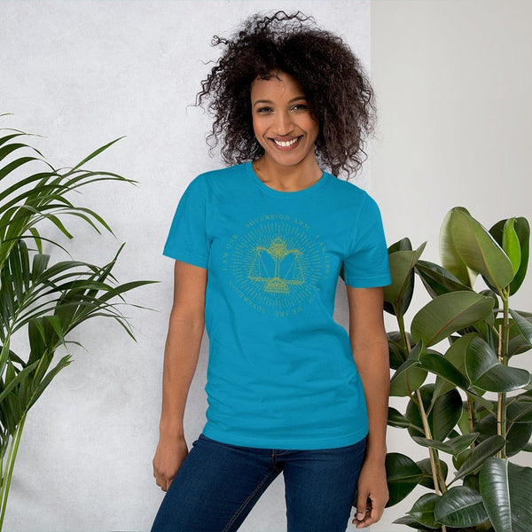 sovereignarm.com Aqua / S Zodiac Libra, I am | Gold Print Short-Sleeve Unisex T-Shirt