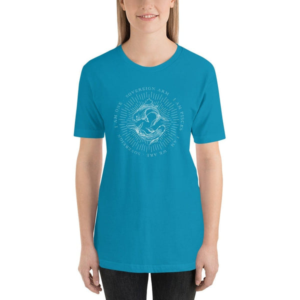 sovereignarm.com Aqua / S Zodiac Pisces, I am | White Print Short-Sleeve Unisex T-Shirt