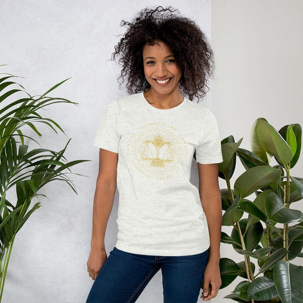 sovereignarm.com Ash / S Zodiac Libra, I am | Gold Print Short-Sleeve Unisex T-Shirt