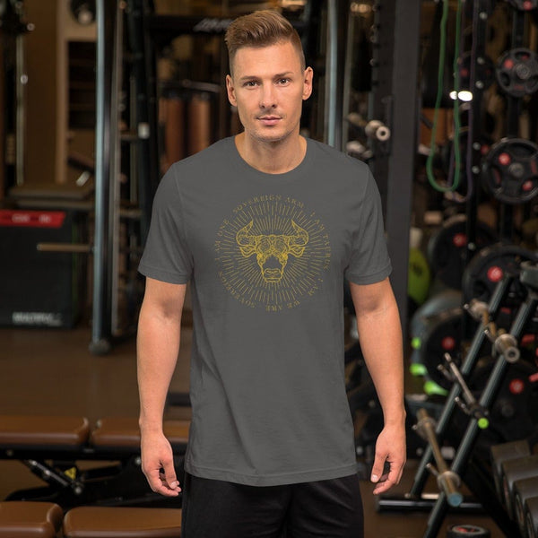 sovereignarm.com Asphalt / S Zodiac Taurus, I am | Gold Print Short-Sleeve Unisex T-Shirt