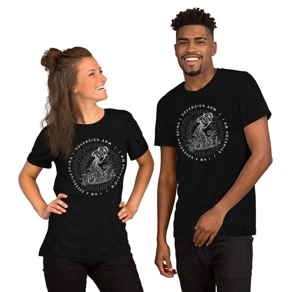 sovereignarm.com Black Heather / XS Zodiac Aquarius, I am a sovereign being | White Print Short-Sleeve Unisex T-Shirt