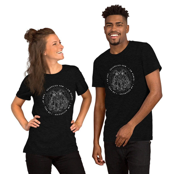 sovereignarm.com Black Heather / XS Zodiac Gemini, I am free | White Print  Short-Sleeve Unisex T-Shirt