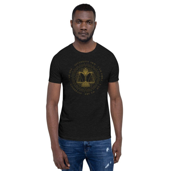 sovereignarm.com Black Heather / XS Zodiac Libra, I am | Gold Print Short-Sleeve Unisex T-Shirt