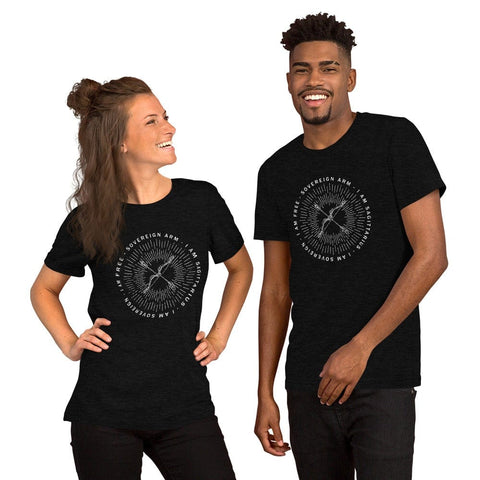 sovereignarm.com Black Heather / XS Zodiac Sagittarius, I am sovereign | White Print Short-Sleeve Unisex T-Shirt