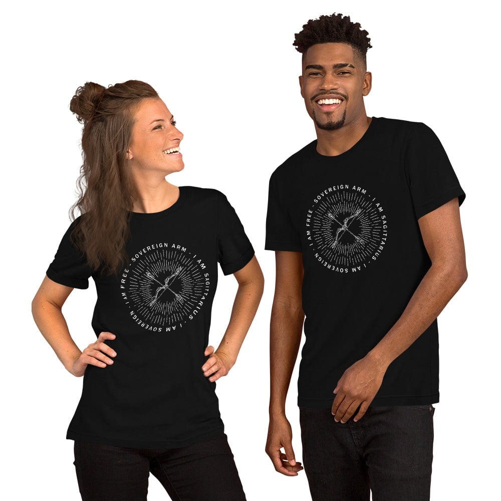 sovereignarm.com Black / XS Zodiac Sagittarius, I am sovereign | White Print Short-Sleeve Unisex T-Shirt