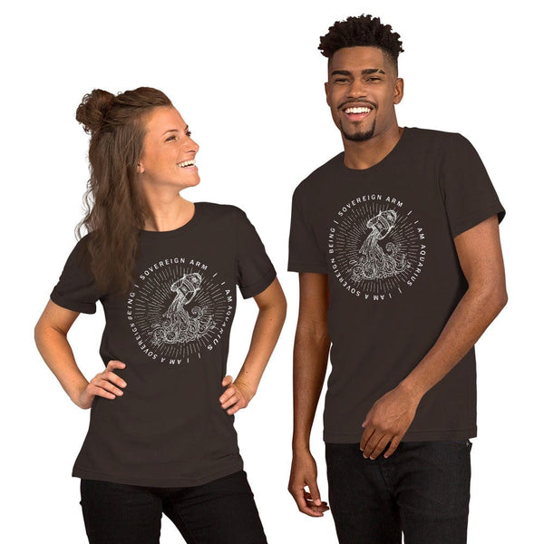 sovereignarm.com Brown / S Zodiac Aquarius, I am a sovereign being | White Print Short-Sleeve Unisex T-Shirt