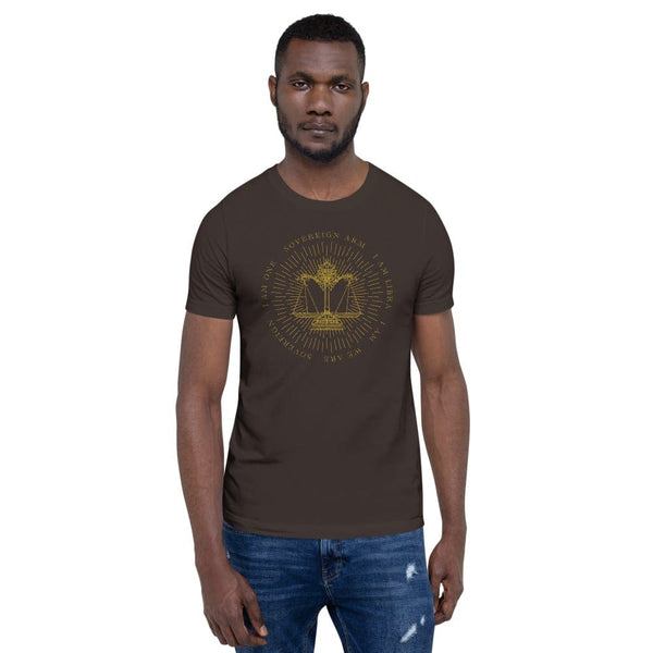 sovereignarm.com Brown / S Zodiac Libra, I am | Gold Print Short-Sleeve Unisex T-Shirt