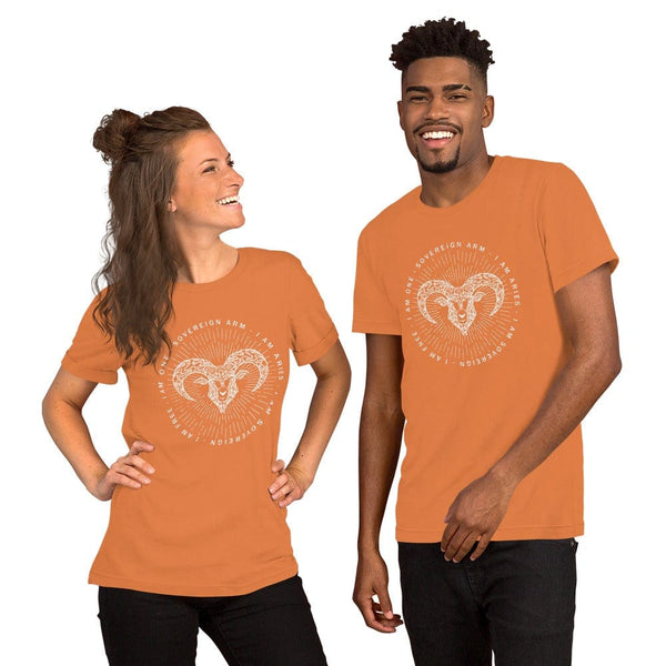 sovereignarm.com Burnt Orange / XS Zodiac Aries | White Print Short-Sleeve Unisex T-Shirt