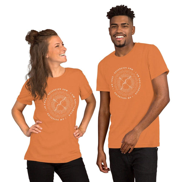 sovereignarm.com Burnt Orange / XS Zodiac Sagittarius, I am sovereign | White Print Short-Sleeve Unisex T-Shirt