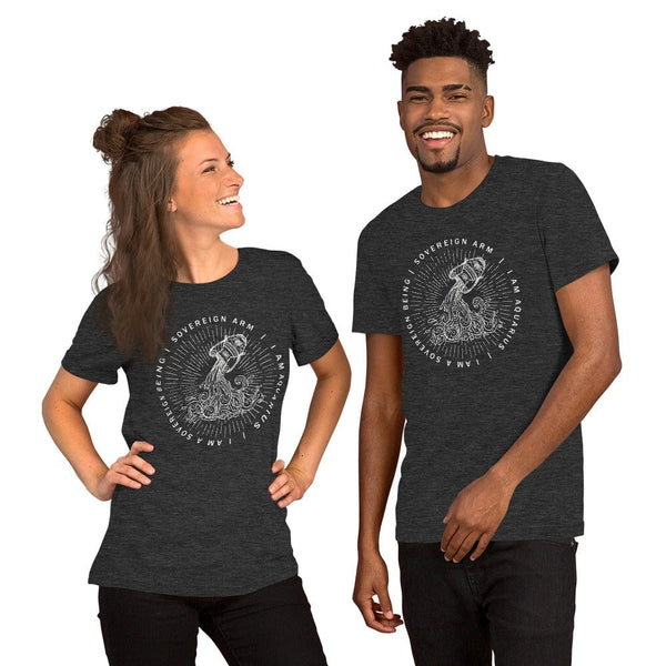 sovereignarm.com Dark Grey Heather / XS Zodiac Aquarius, I am a sovereign being | White Print Short-Sleeve Unisex T-Shirt