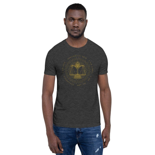 sovereignarm.com Dark Grey Heather / XS Zodiac Libra, I am | Gold Print Short-Sleeve Unisex T-Shirt