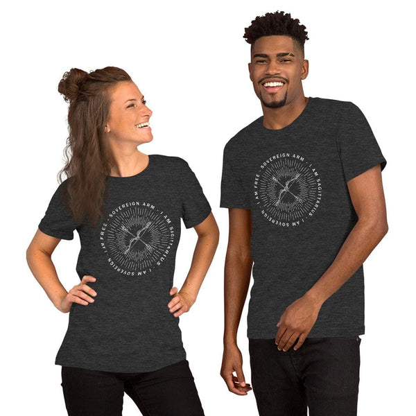 sovereignarm.com Dark Grey Heather / XS Zodiac Sagittarius, I am sovereign | White Print Short-Sleeve Unisex T-Shirt