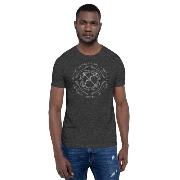 sovereignarm.com Dark Grey Heather / XS Zodiac Sagittarius, I am | White Print Short-Sleeve Unisex T-Shirt