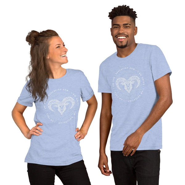 sovereignarm.com Heather Blue / S Zodiac Aries | White Print Short-Sleeve Unisex T-Shirt