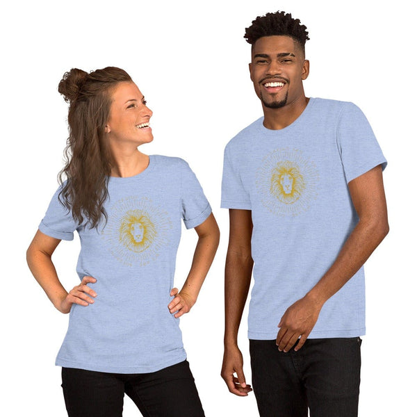 sovereignarm.com Heather Blue / S Zodiac Leo, I am | Gold Print Short-Sleeve Unisex T-Shirt