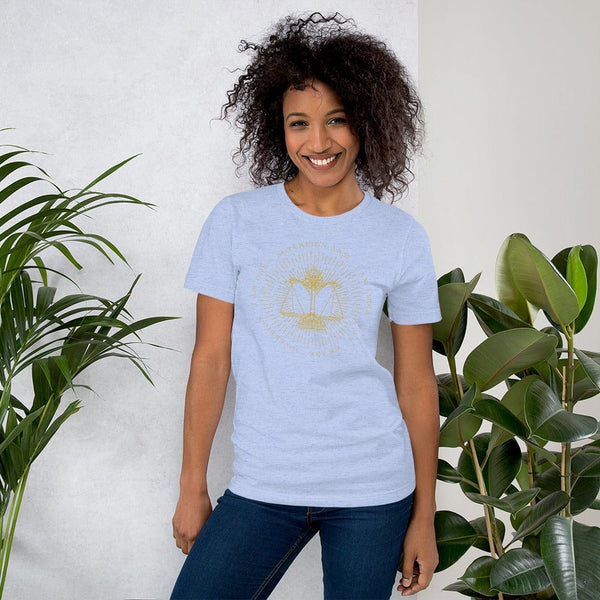 sovereignarm.com Heather Blue / S Zodiac Libra, I am | Gold Print Short-Sleeve Unisex T-Shirt