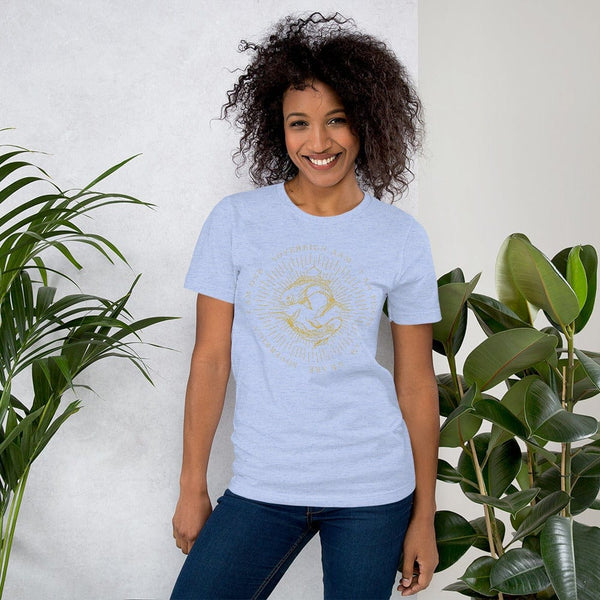 sovereignarm.com Heather Blue / S Zodiac Pisces, I am | Gold Print Short-Sleeve Unisex T-Shirt