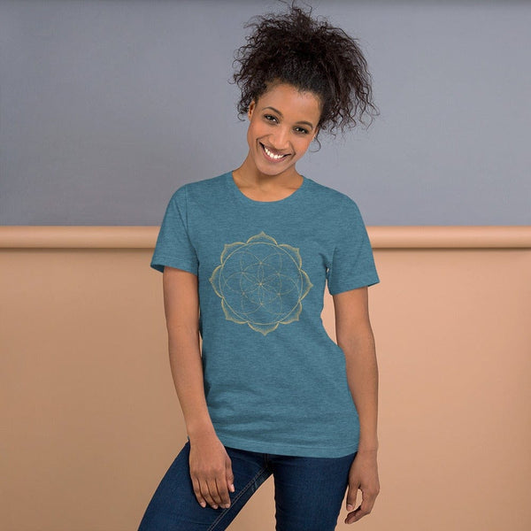 sovereignarm.com Heather Deep Teal / S Flower of life lotus | Gold Print  Short-Sleeve Unisex T-Shirt