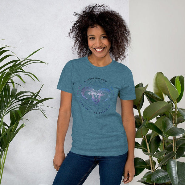 sovereignarm.com Heather Deep Teal / S Zodiac Aries | Space Print Short-Sleeve Unisex T-Shirt