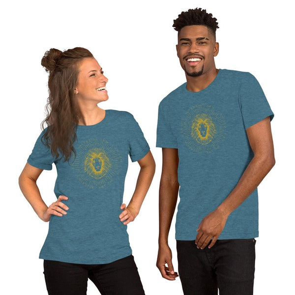 sovereignarm.com Heather Deep Teal / S Zodiac Leo, I am | Gold Print Short-Sleeve Unisex T-Shirt