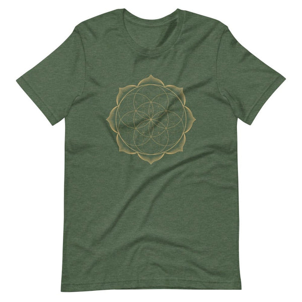 sovereignarm.com Heather Forest / S Flower of life lotus | Gold Print Short-Sleeve Unisex T-Shirt