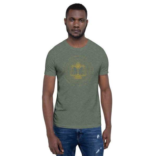 sovereignarm.com Heather Forest / S Zodiac Libra, I am | Gold Print Short-Sleeve Unisex T-Shirt