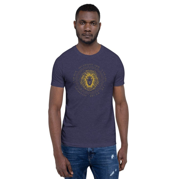 sovereignarm.com Heather Midnight Navy / XS Zodiac Leo, I am | Gold Print Short-Sleeve Unisex T-Shirt