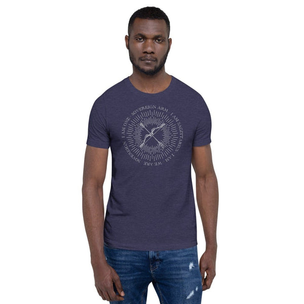 sovereignarm.com Heather Midnight Navy / XS Zodiac Sagittarius, I am | White Print Short-Sleeve Unisex T-Shirt