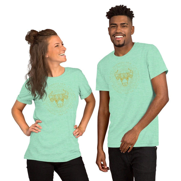 sovereignarm.com Heather Mint / S Zodiac Taurus, I am | Gold Print Short-Sleeve Unisex T-Shirt