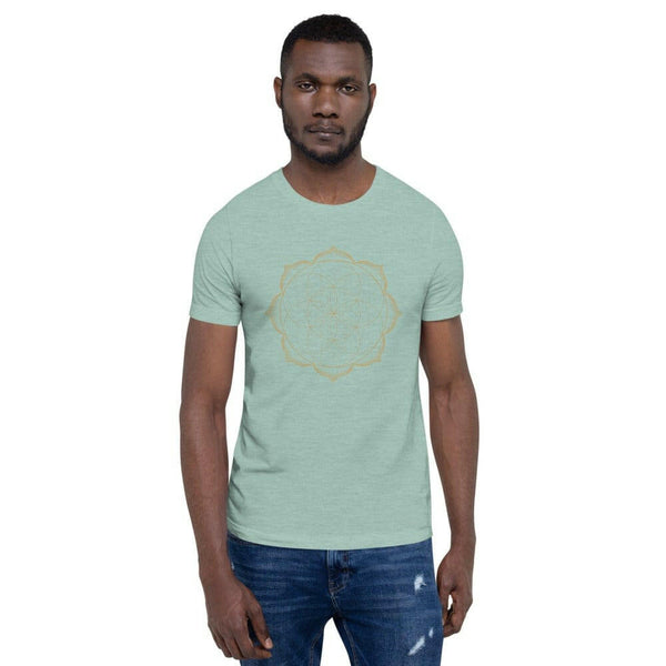 sovereignarm.com Heather Prism Dusty Blue / XS Flower of life lotus | Gold Print Short-Sleeve Unisex T-Shirt