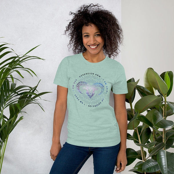 sovereignarm.com Heather Prism Dusty Blue / XS Zodiac Aries | Space Print Short-Sleeve Unisex T-Shirt