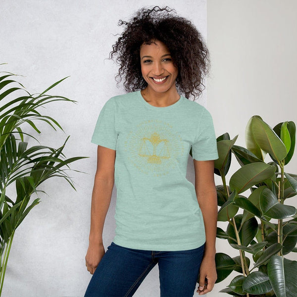 sovereignarm.com Heather Prism Dusty Blue / XS Zodiac Libra, I am | Gold Print Short-Sleeve Unisex T-Shirt